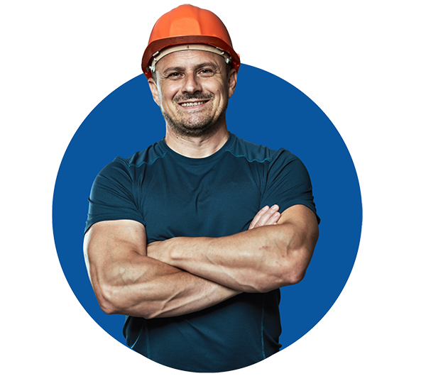 Photo of a contractor with an orange hard hat, arms crossed in front of his blue t-shirt